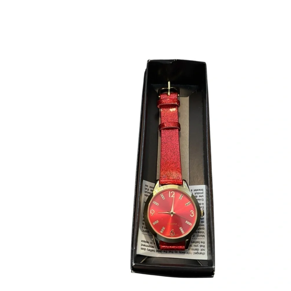 Avon Sparkle Red Strap Party Quartz Watch NIB Numerals Rhinestone Gold Face 2015